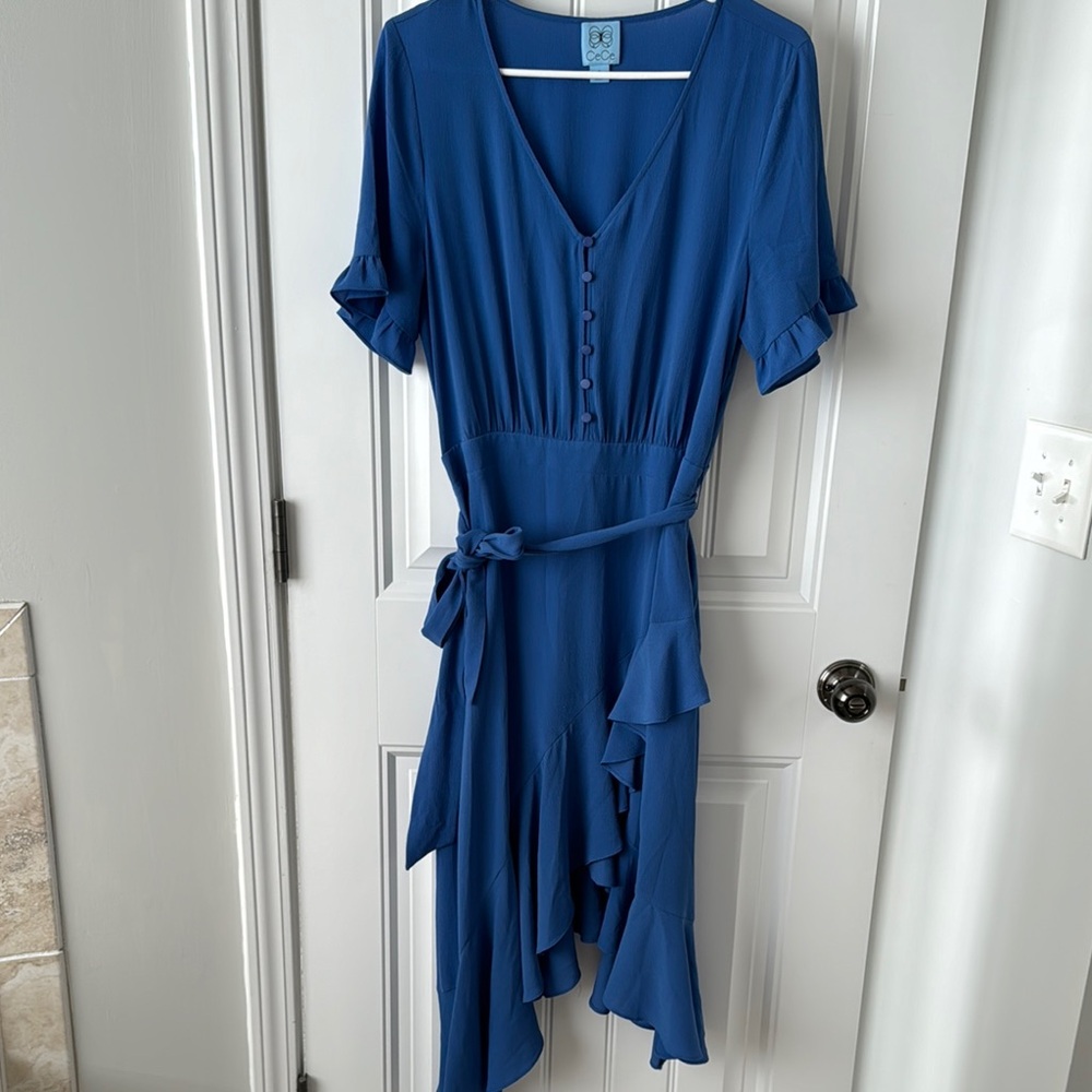 Blue Ruffled V-Neck Dress